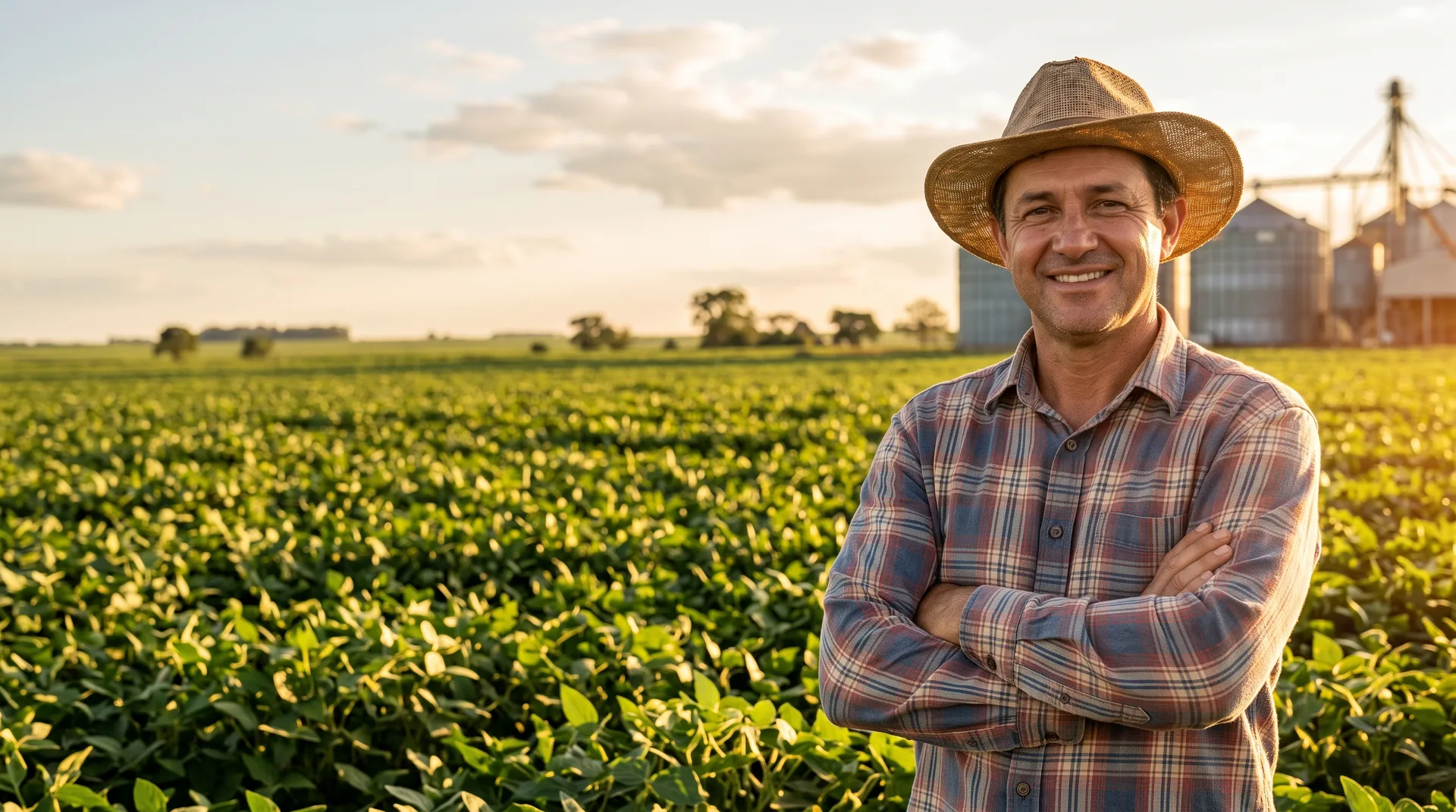 Produtor rural confiante, de braços cruzados, na lavoura de soja com silos ao fundo